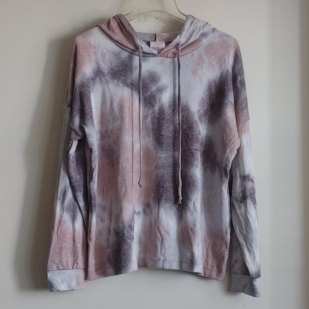 Freeloader Drawstring Knit Hoodie In Taupe Cloud Tie Dye Large
